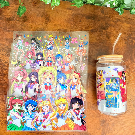 Sailor Girl and Moon 16 oz glass tumbler / Sailor inspired tumbler / glass cup / Japanese anime animation glass cup / UVDTF wrap
