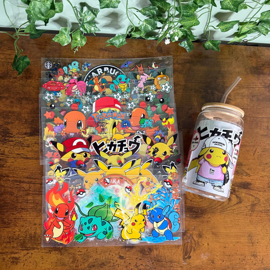 Pokemon 16 oz glass tumbler / Pikachu Bulbasaur Charmander inspired tumbler / glass cup / Japanese animation anime glass cup / UVDTF wrap